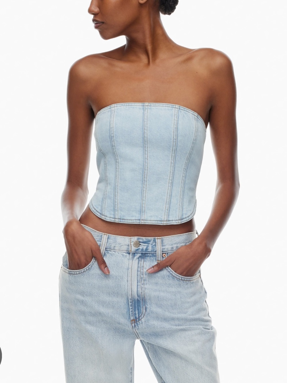 Denim Forum Light Wash Strapless Denim Corset Top